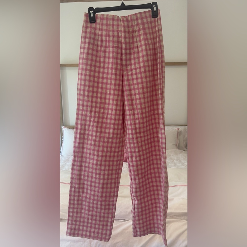 Zara women’s wide leg high waist pink gingham plaid pants